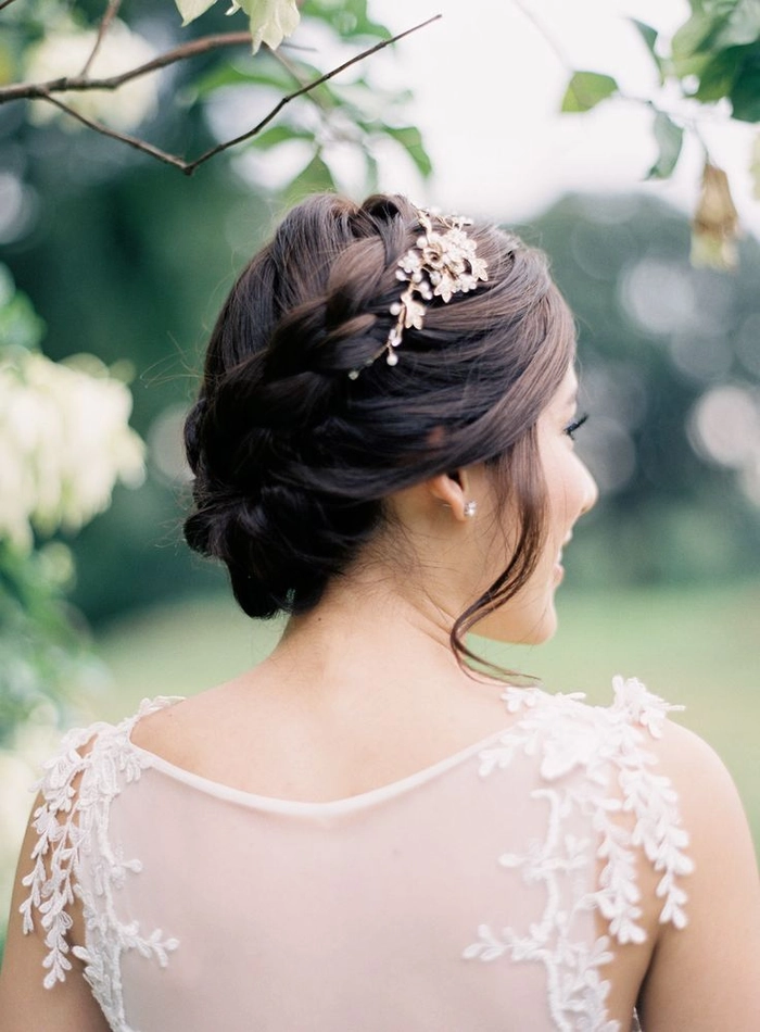 Elegant outdoor rustic wedding bridal hair with natural floral accents