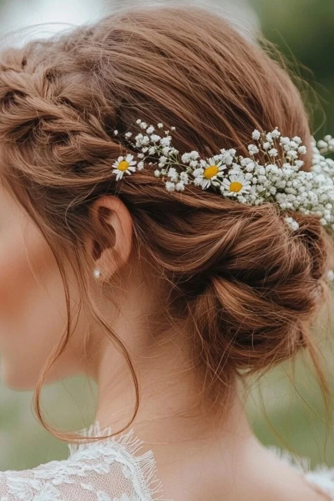 Bride with outdoor rustic wedding bridal hair styled with loose curls and floral accents
