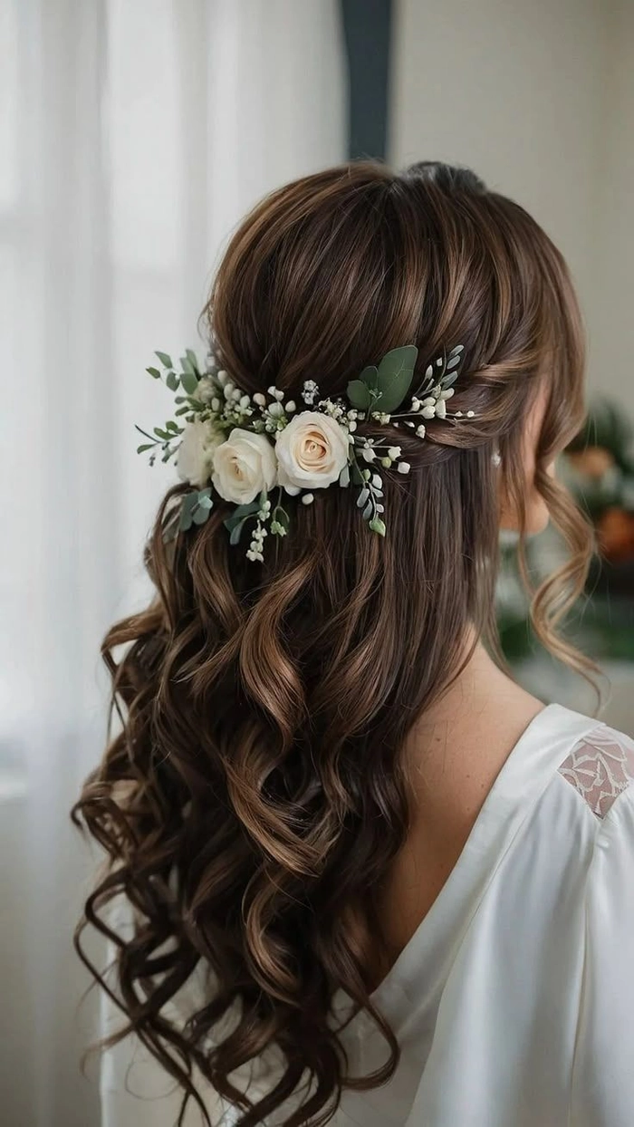 Elegant outdoor rustic wedding bridal hair with soft curls and floral accents