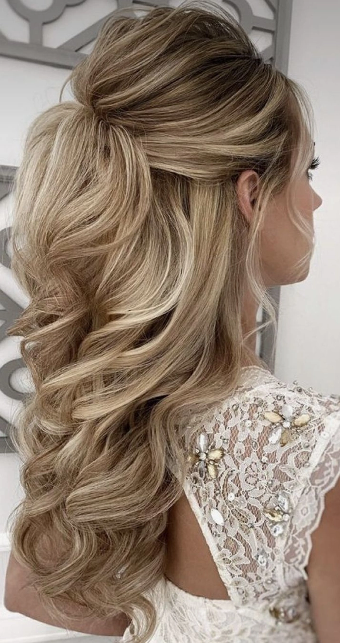 Beautiful inspiration for second wedding bridal hair styles with romantic touches Elegant second wedding bridal hair styles featuring soft curls and floral accessories