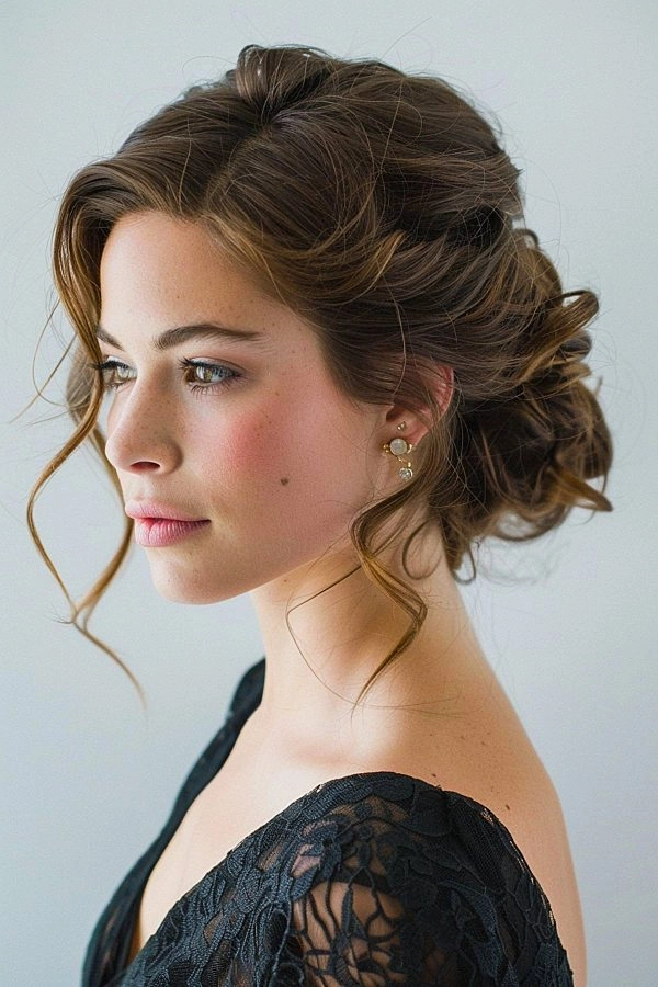 Classic short hair bridesmaid updo perfect for modern wedding styles Short hair bridesmaid updo featuring elegant twists and delicate floral accents