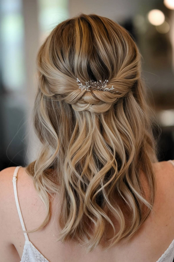 Shoulder length wedding hair half up style with soft curls and delicate floral accessories