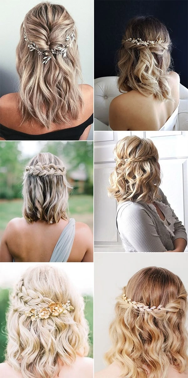Shoulder length wedding hair styled half up with delicate floral accents