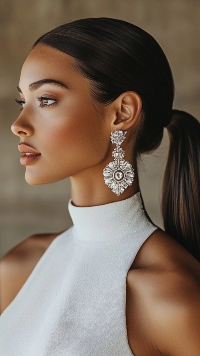 Modern sleek high ponytail perfect for a chic bridal look Sleek high ponytail wedding hairstyle with elegant volume and smooth finish