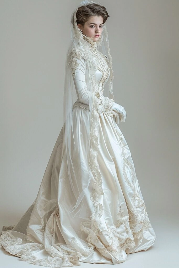 Victorian era inspired bridal hair styled with intricate curls and floral accents