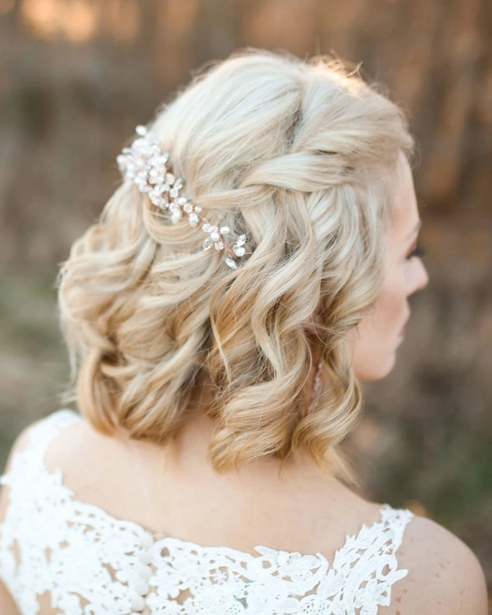 Beautiful medium-length wedding guest hair styling for special occasions Elegant wedding guest hairstyle for medium hair with soft curls and accessories