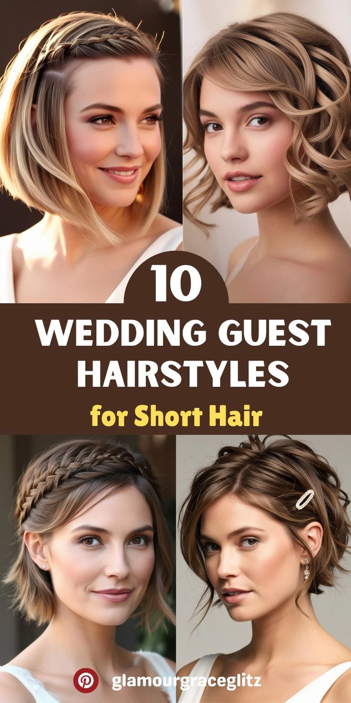 Chic and stylish short hair wedding guest look Elegant wedding guest hairstyle for short hair with soft curls