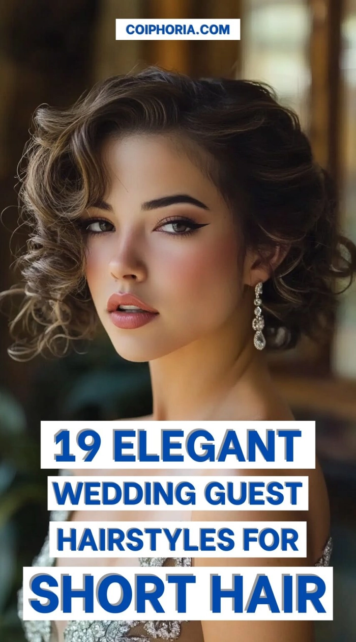Chic and simple short hair hairstyle perfect for wedding guests Elegant wedding guest hairstyle for short hair with soft waves and floral accessories