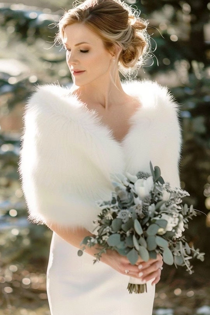 Elegant Winter Wedding Hair Ideas with Faux Fur Accessories