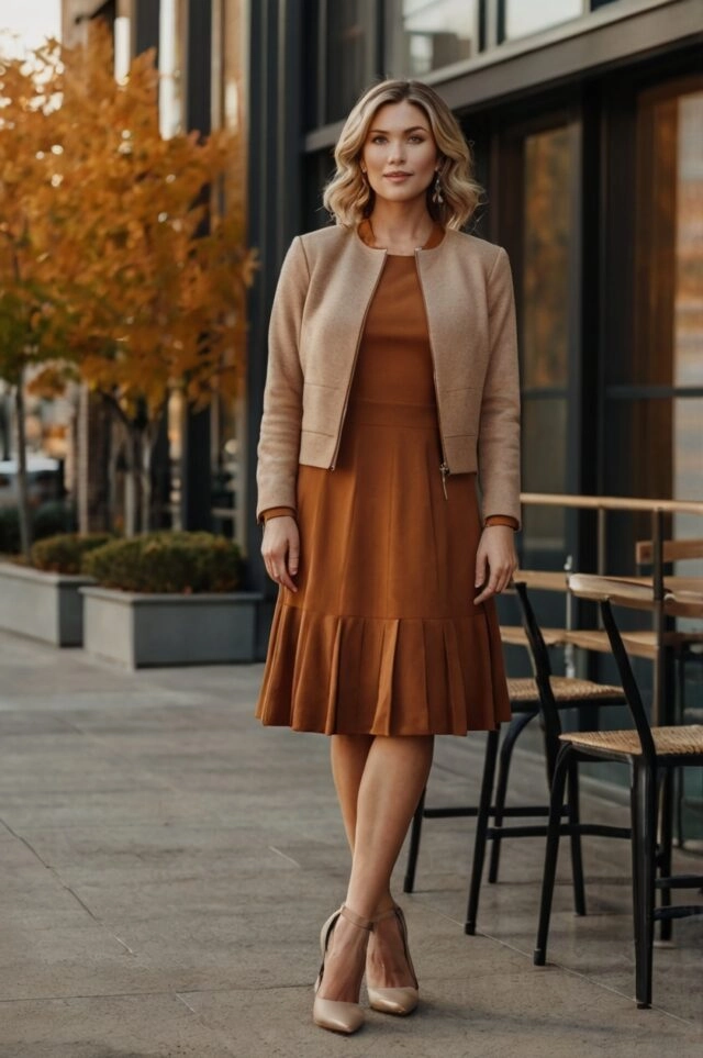 Autumn layered blowout hairstyle for business casual dress codes at work Woman with an autumn layered blowout hairstyle in a business casual office setting