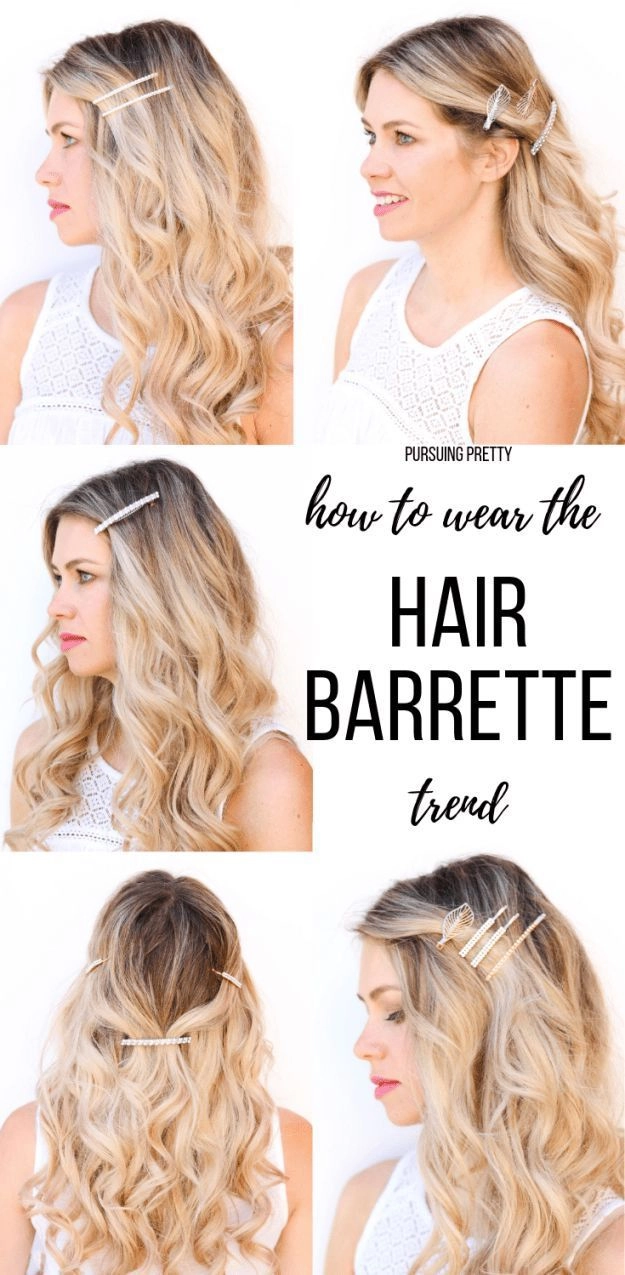 A close-up of medium-length office hair styled with layered barrettes stacked vertically at the crown for a polished work look