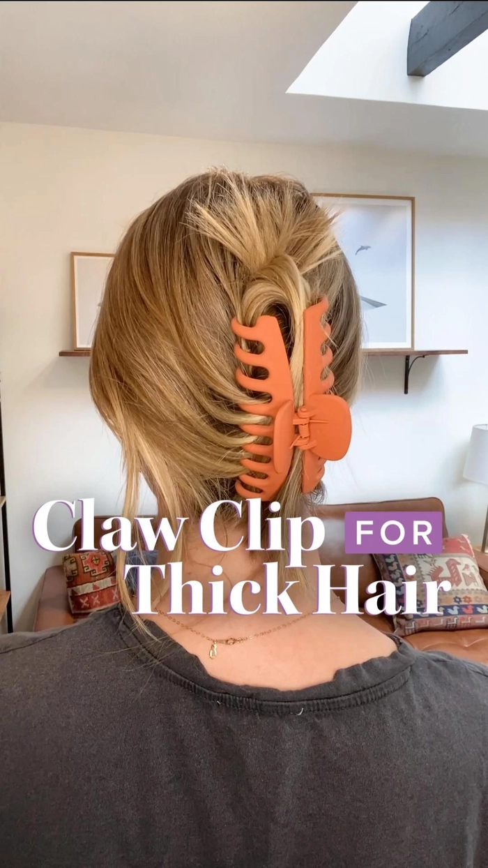 Guide showing claw clip sizes for managing thick, long hair in professional styles