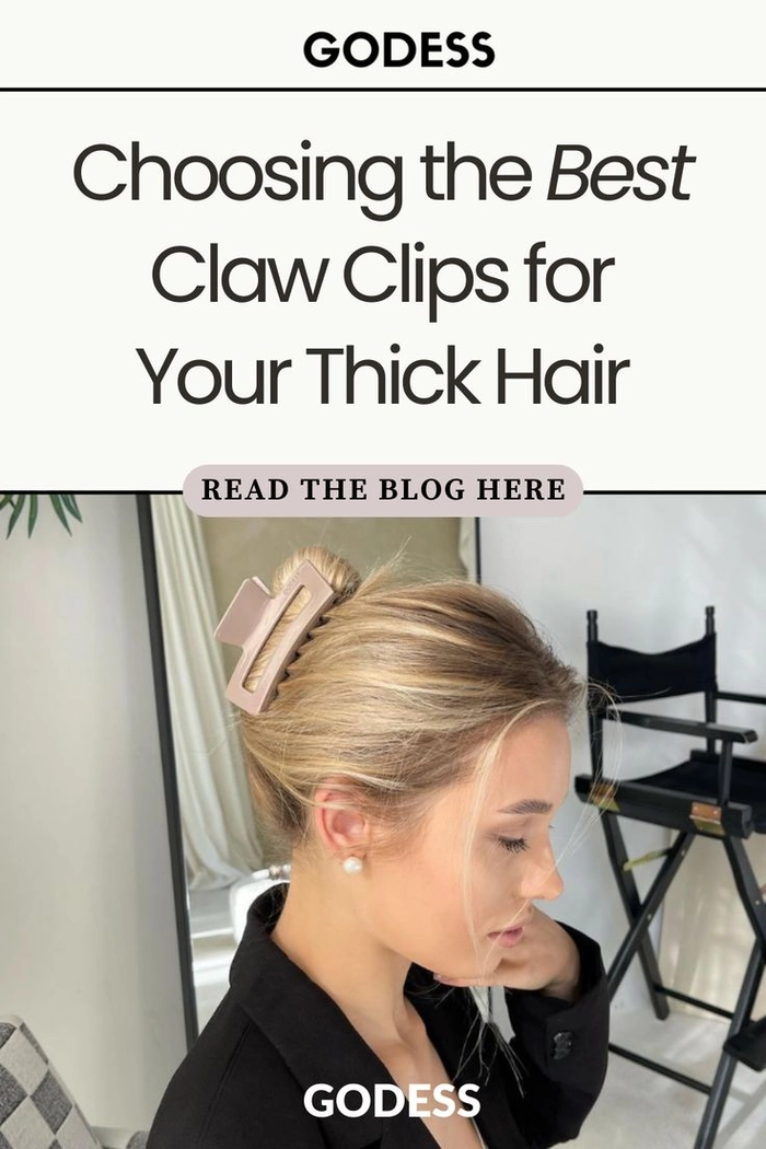 Thick work hair secured with a large black claw clip, next to smaller clips labeled for thickness guide