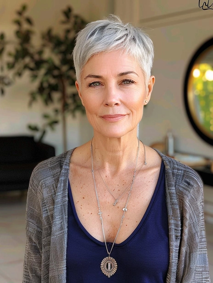 Elegant senior female manager with short conservative pixie cut, professional office pose