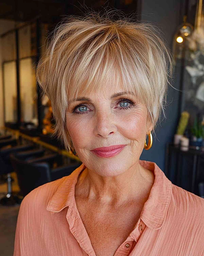 Elegant silver pixie cut with side-swept bangs for a senior female executive in a business suit