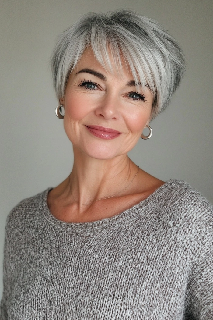 A professional senior female manager with a conservative pixie cut, styled neatly for a formal work environment