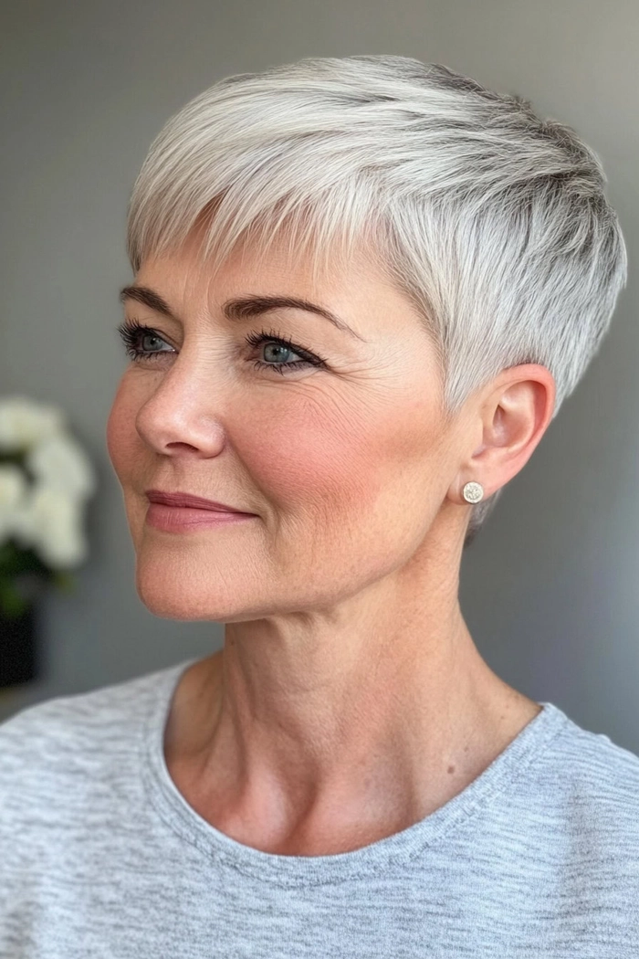 Senior female manager with a conservative pixie cut in a professional office setting