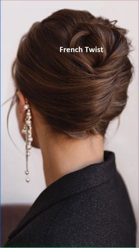 Corporate boardroom updo for medium hair with soft side curls