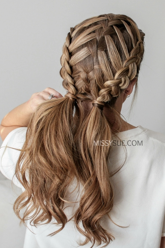 A woman with double dutch braids performs a task in an active work setting, showcasing a practical and neat hairstyle for movement and safety.