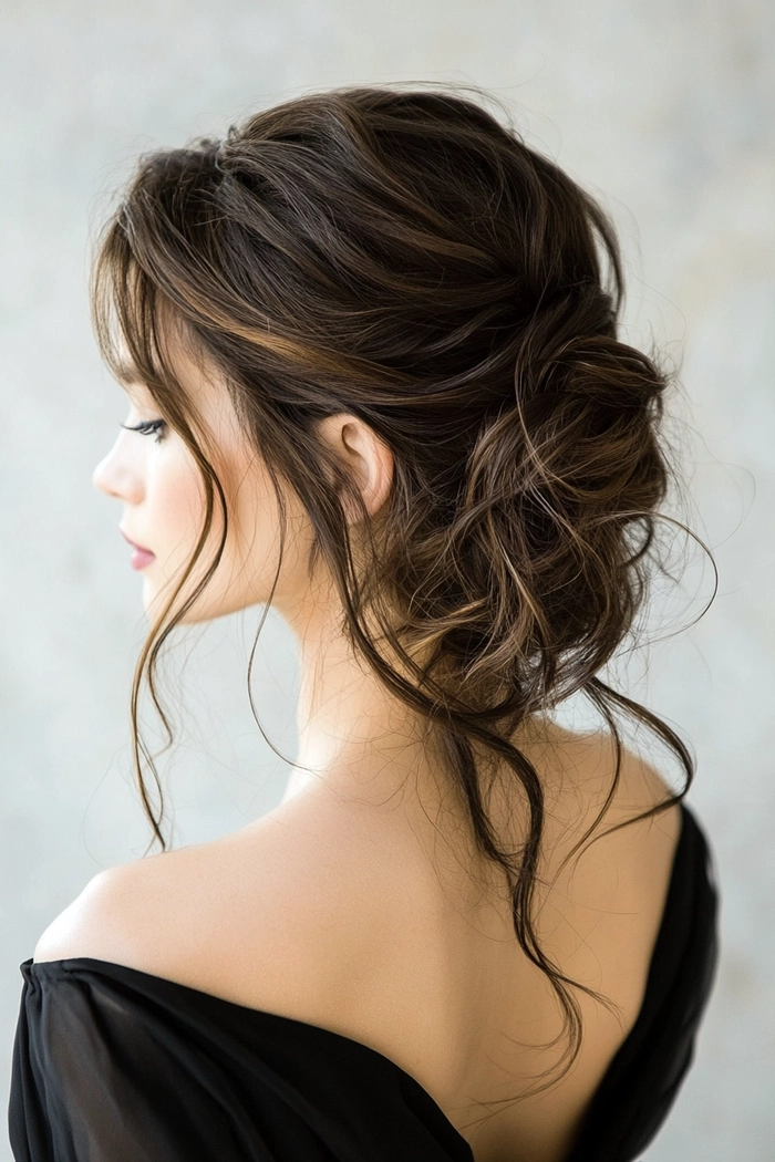 A professional woman wearing an effortless messy bun in a sleek office environment