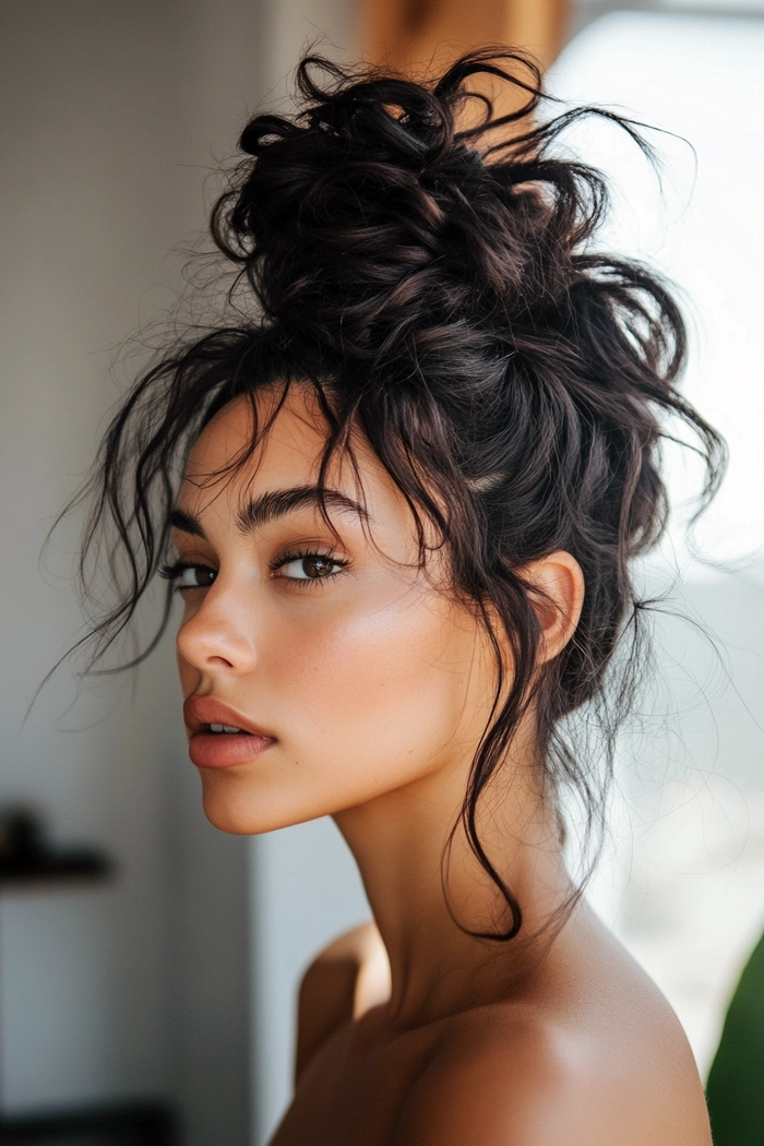 A professional messy bun hairstyle styled for a polished work look