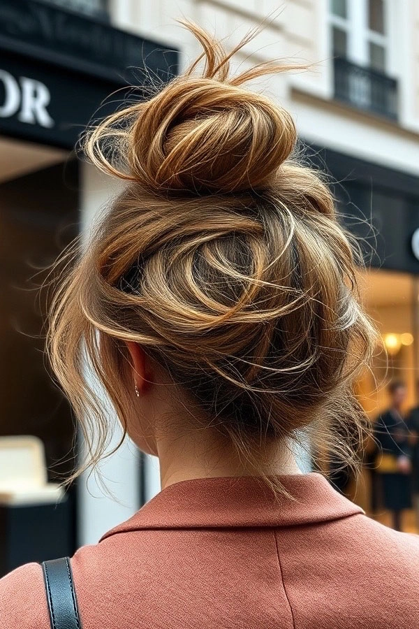 Side view of a professional messy bun with soft wisps