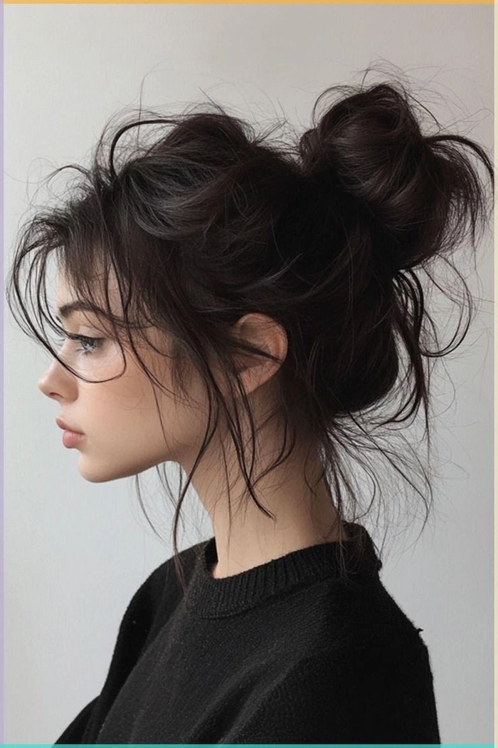 Woman wearing an effortless messy bun hairstyle that looks professional in a workplace setting