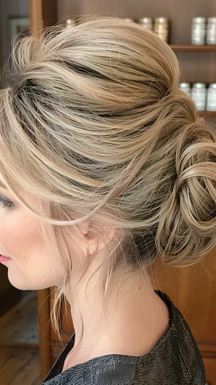 Elegant work updo that conceals menopausal hair thinning