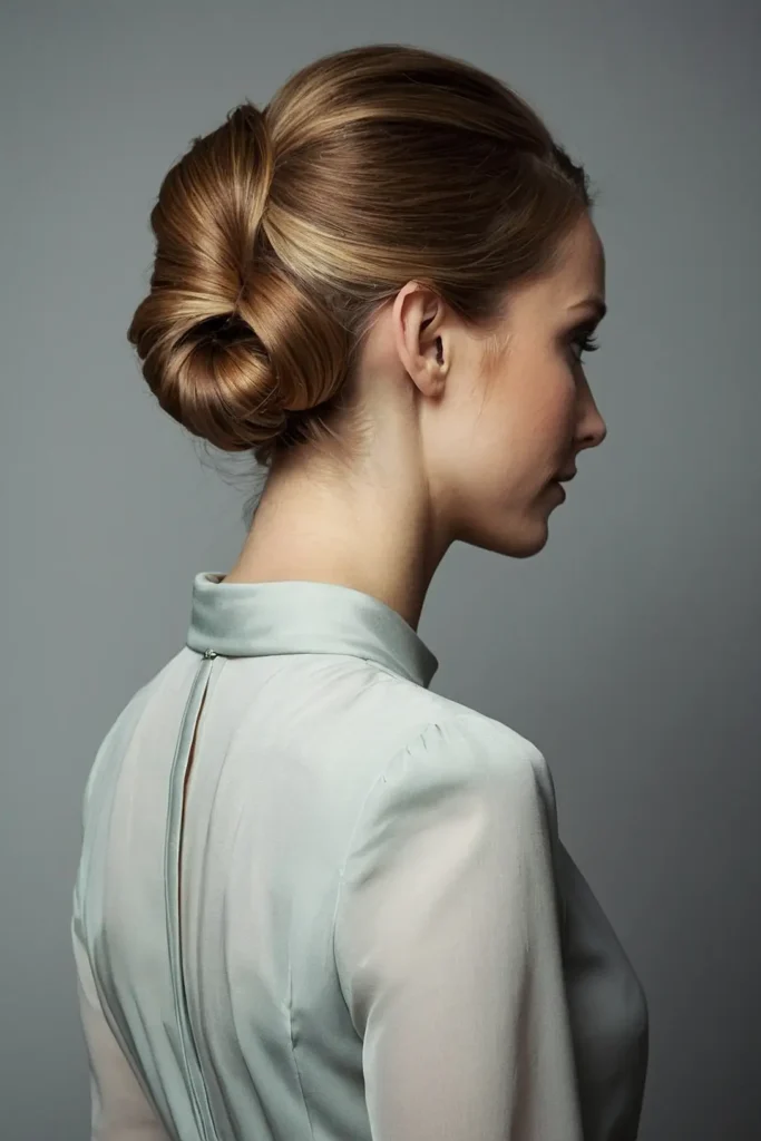 Elegant updo hairstyle for menopausal hair thinning, suitable for professional work settings