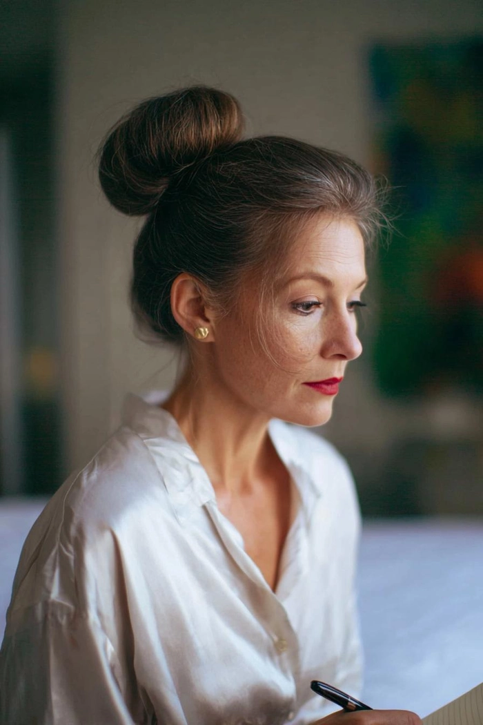 Elegant updo hairstyle for menopausal hair thinning, suitable for a professional work environment