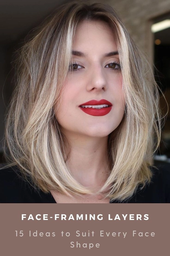 Face-framing layered haircut for a round face shape, styled for a professional office look