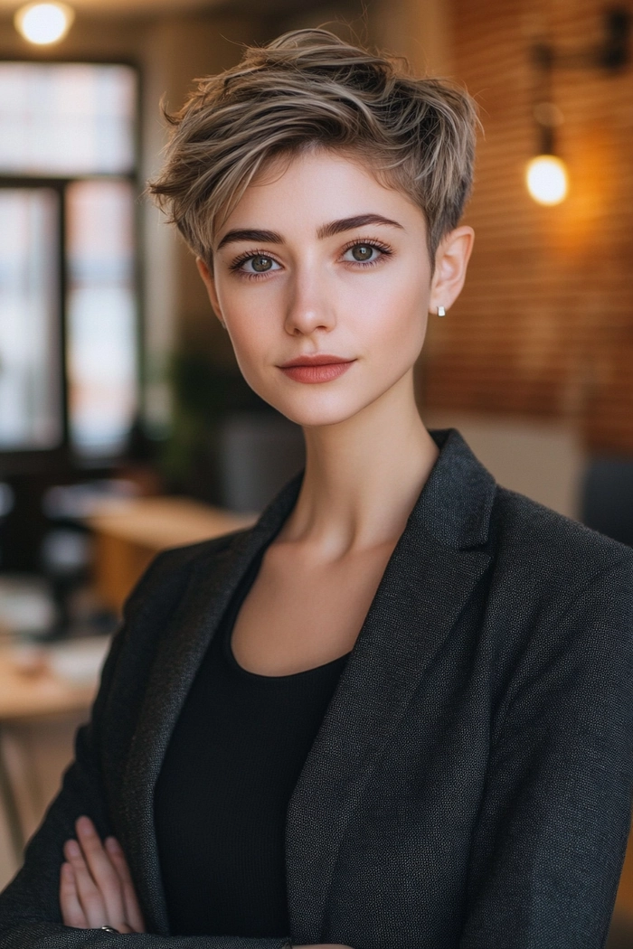 Glasses-friendly hair tuck hairstyle for professional office workers Woman with glasses sporting a neat hair tuck style in an office setting