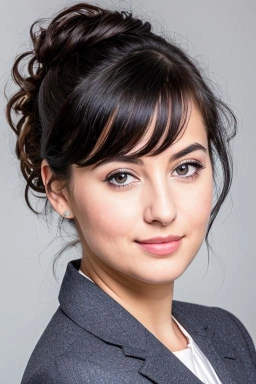 Petite professional woman with a voluminous high bun that adds height, wearing a blazer in a corporate office