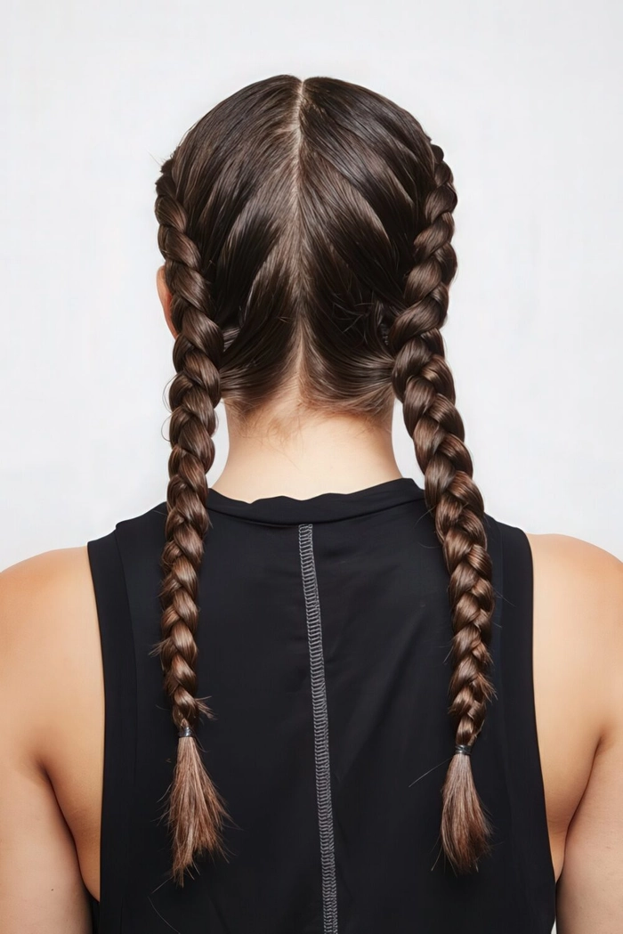 Professional woman with double Dutch braids working at a standing desk in a bright office