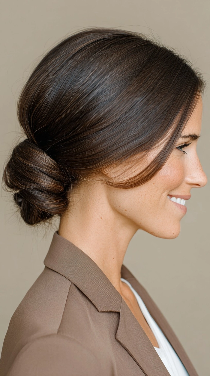 A sleek low chignon hairstyle on a female executive with a polished finish