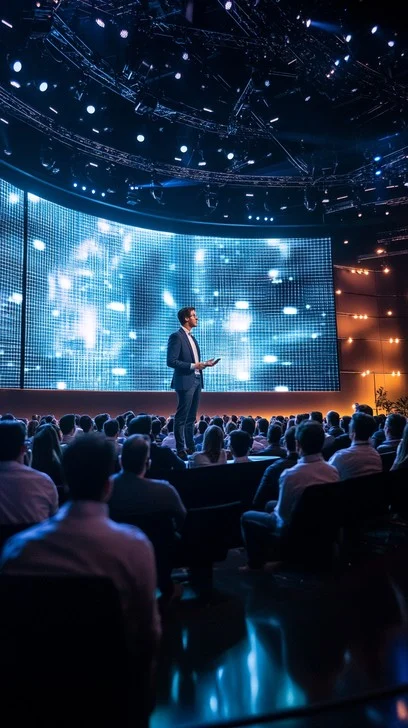 Corporate speaker with a neat updo that minimizes glare under stage lights