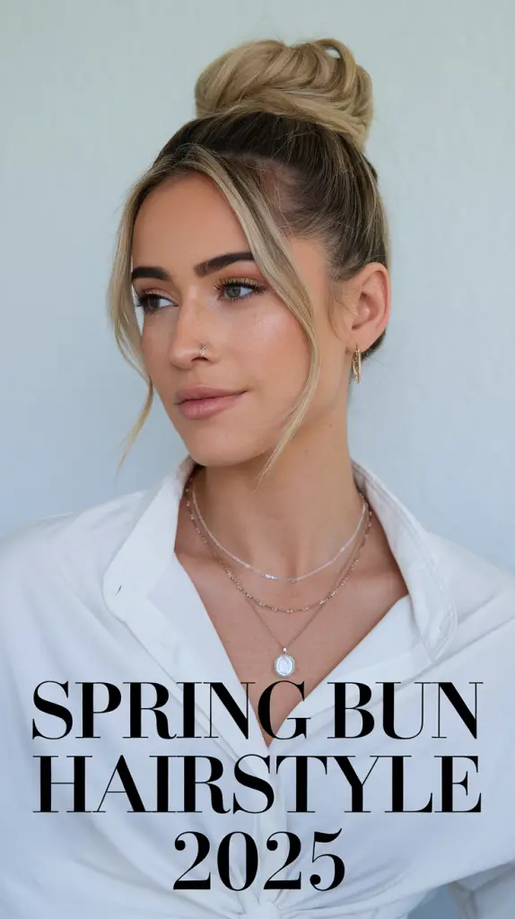 A woman with a rain-proof sleek bun hairstyle ready for spring commutes to work