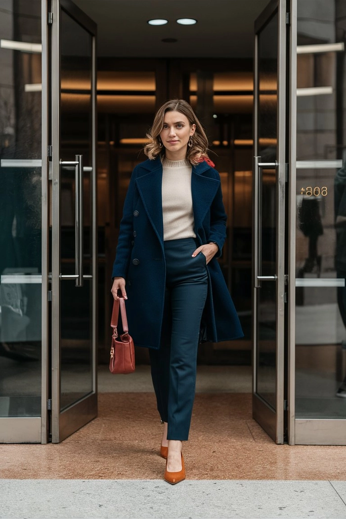 Autumn Layered Blowout Hairstyle for Business Casual Dress Codes Professional woman with autumn layered blowout hair in a business casual office setting