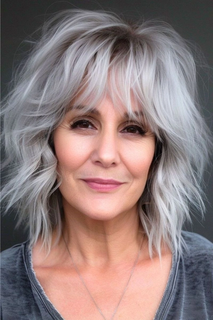 Modern shag haircut for a creative professional over forty, featuring soft layers and a natural finish