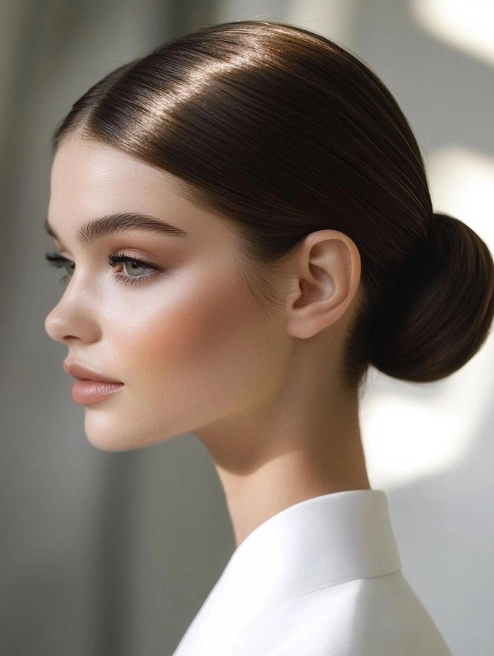Professional sleek center part low bun ideal for corporate and executive settings Sleek middle part low bun hairstyle for professional executive presentations
