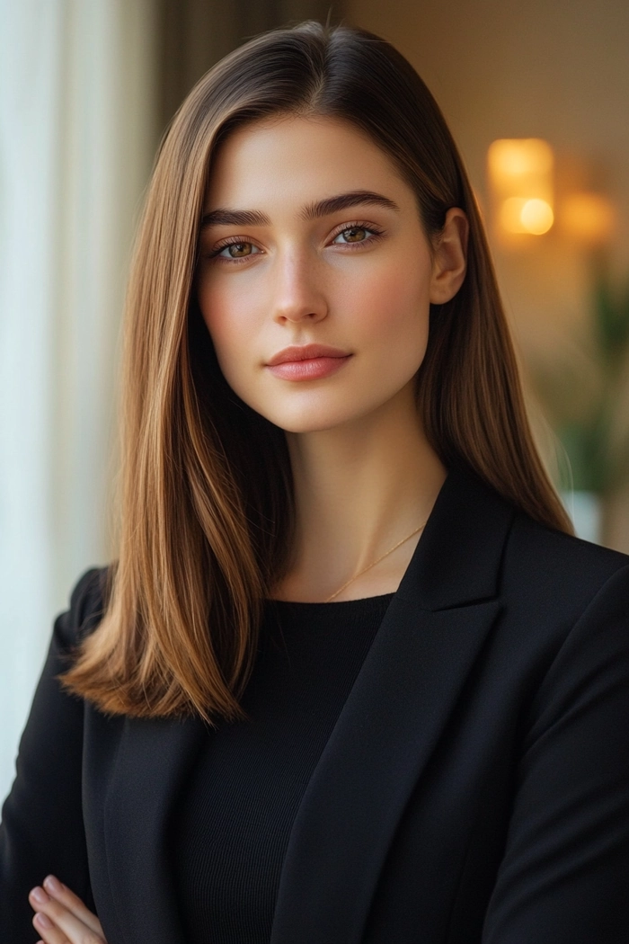 Fifth style in the work hairstyles series elegant low ponytail for long hair Professional office hairstyle for long hair featuring a neat low ponytail with soft waves