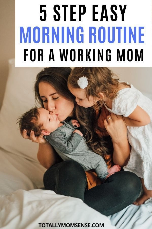 Working mom quickly styling her hair into a sleek low ponytail in the morning
