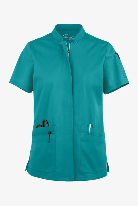Nurse with a sleek sweat proof updo bun, suitable for twelve hour shifts