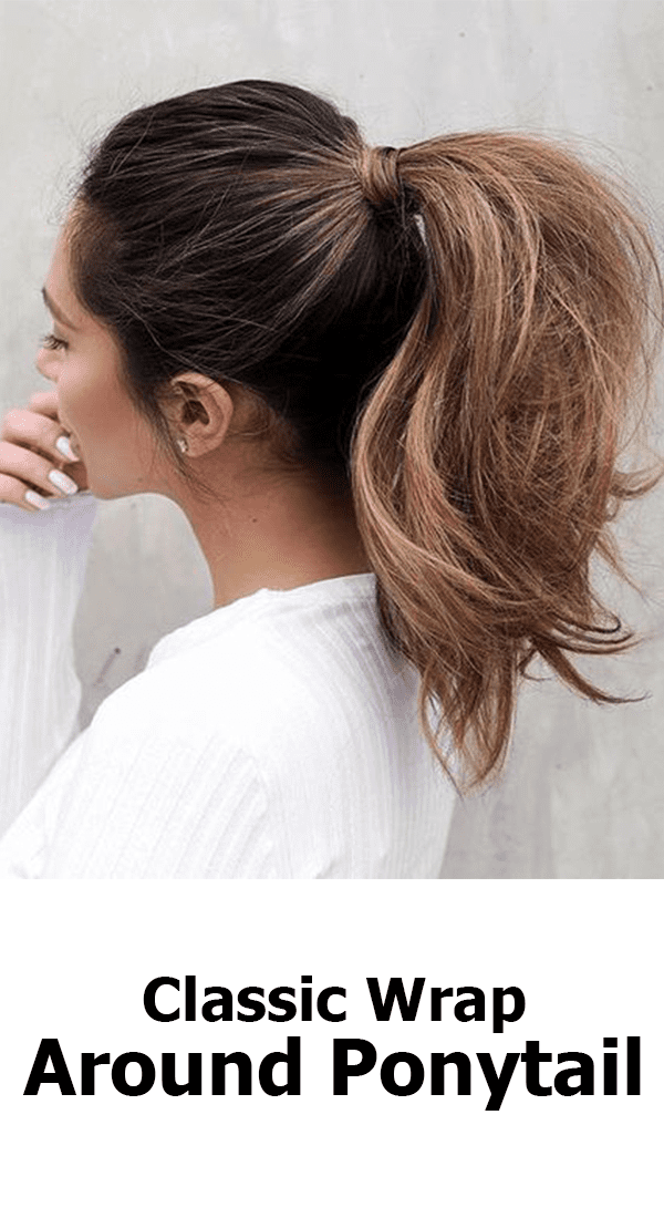 Time-saving ponytail wrap hairstyle for early work shifts, featuring sleek wrap detail