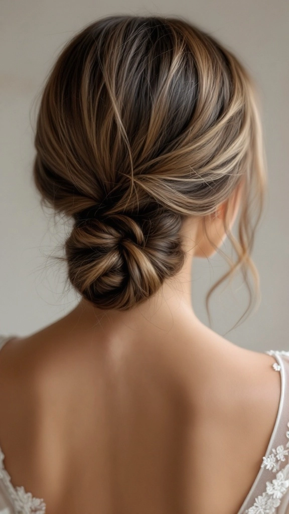 A woman with a neatly knotted low ponytail in a minimalist office outfit