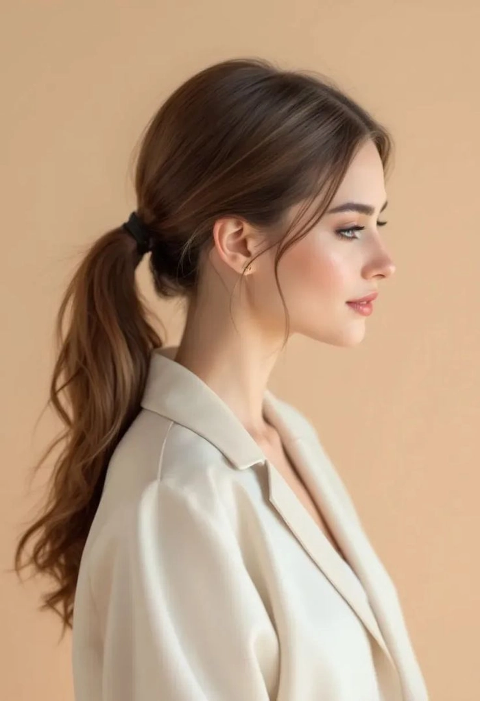 Sleek knotted low ponytail with minimal styling for professional office wear