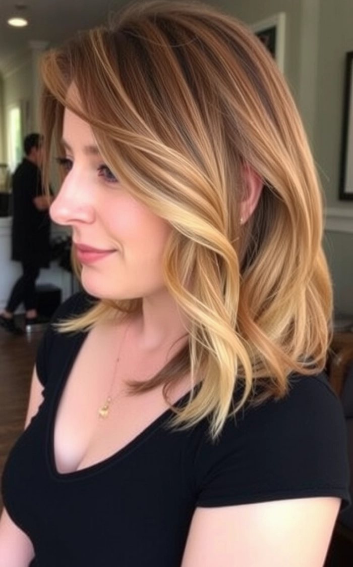 Professional woman with a textured layered bob hairstyle in a modern office setting