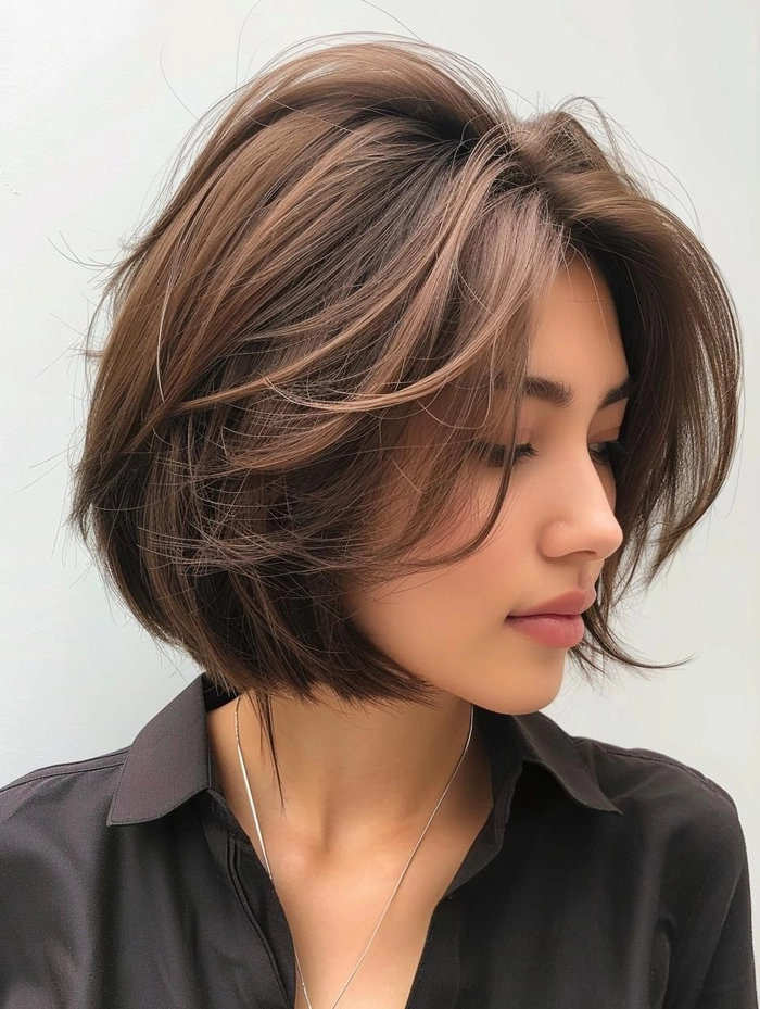 A workplace layered bob hairstyle with soft layers and a professional finish