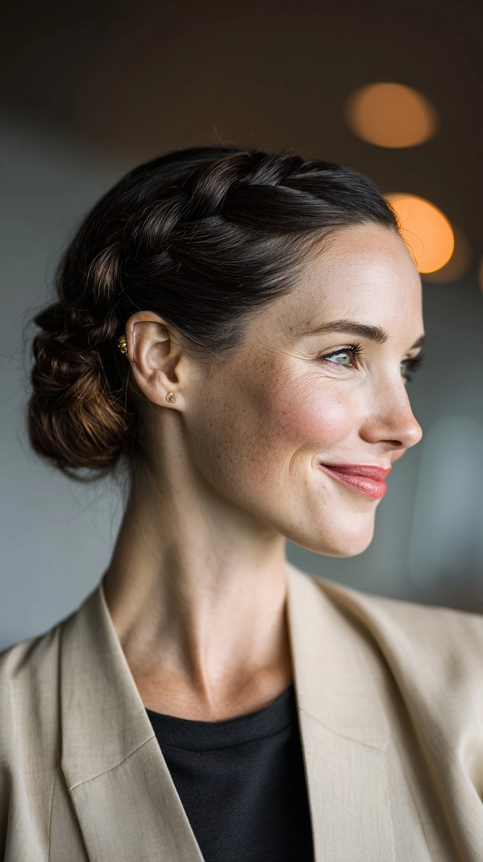 Elegant long braided updo for keeping cool in a warm office