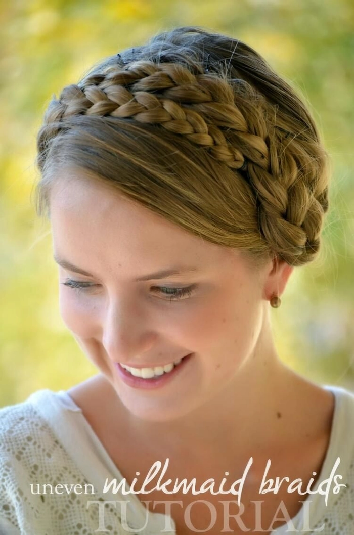 Elegant milkmaid braid adaptation suitable for casual work days Professional milkmaid braid hairstyle for business casual Friday office look
